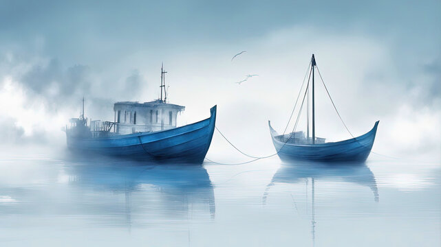 boats in the harbor in fog