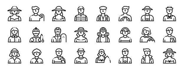 set of 24 outline web travel people icons such as woman, check in, woman, traveller, traveller, man, tourist vector icons for report, presentation, diagram, web design, mobile app