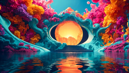 Abstract backdrop in bright colors with water in fantasy world