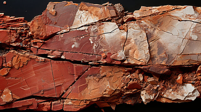 The rough, craggy texture of a cliff face, with layers of sedimentary rock exposed to the elem