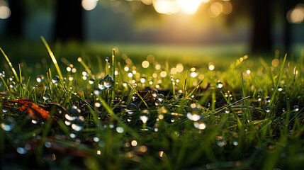 The soft, diffused light of a misty morning, with dewdrops glistening on the grass and lea - obrazy, fototapety, plakaty