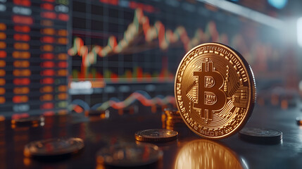 Golden bitcoin coins with candle stick graph chart