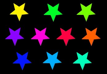 Artistic colorful 3D stars on black background ( stars in colors green yellow blue purple red orange )