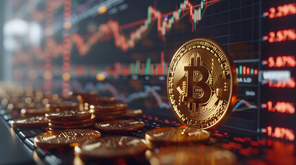 Golden bitcoin coins with candle stick graph chart