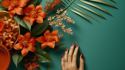 Floral mockup on elegant green background: nail service concept for delicious  manicure, flat lay
