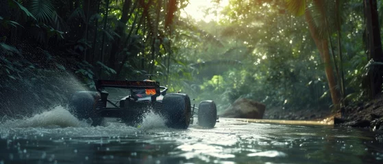 Keuken spatwand met foto Formula 1 race in the jungle. Splashes, dirt, branches, stones. Off-road racing. Auto-sport. Generative ai. Off-road © Ruslan Shevchenko