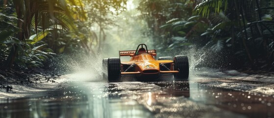 Formula 1 race in the jungle. Splashes, dirt, branches, stones. Off-road racing. Auto-sport. Generative ai. Off-road - obrazy, fototapety, plakaty