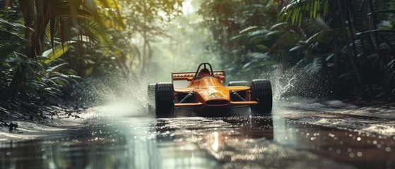 Tuinposter Formula 1 race in the jungle. Splashes, dirt, branches, stones. Off-road racing. Auto-sport. Generative ai. Off-road © Ruslan Shevchenko