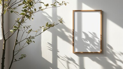 Empty frame mockup in modern minimalist interior with houseplants on white wall background.
