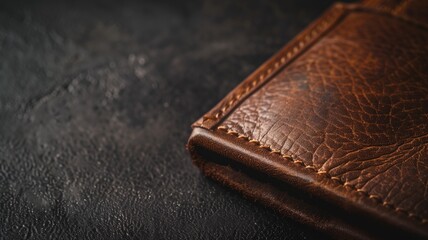 A close-up of a brown leather wallet with detailed stitching