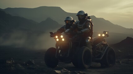 Two astronauts on a hefty motorbike kick up dust on a desolate desert, encapsulating a moment of adrenaline and exploration.