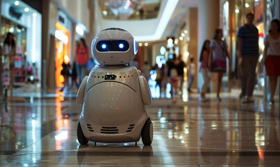 A cute service android robot on wheels navigates through the vibrant crowds in a bustling, crowded shopping mall