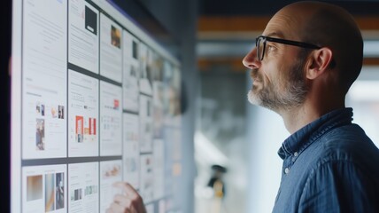 Man reviewing content on a digital wall display