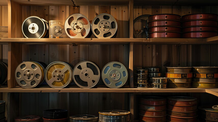 Film reels on a shelf in a dark room