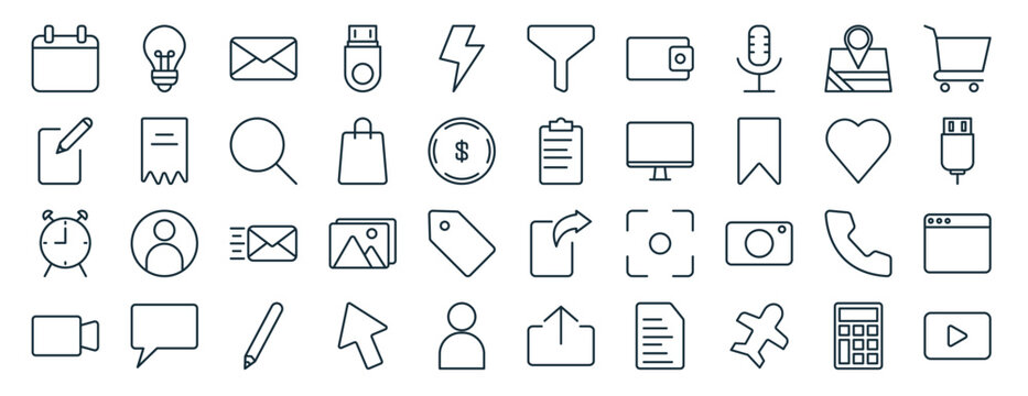 set of 40 outline web interface icons such as lamp, edit, alarm, video camera, love, shopping, funnel icons for report, presentation, diagram, web design, mobile app