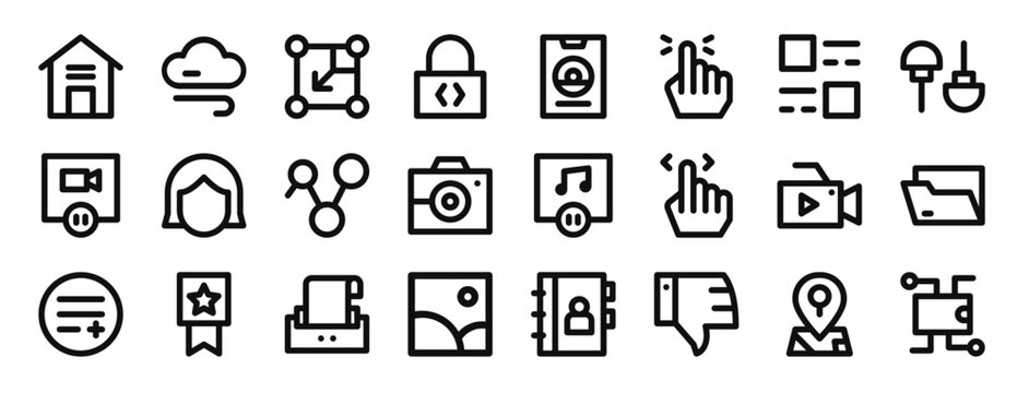 set of 24 outline web user interface icons such as home, cloud, minimize, lock, id card, click, layout vector icons for report, presentation, diagram, web design, mobile app