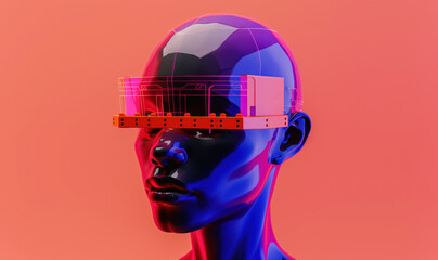 Modern digital metaverse human head on a neon pixelated and glitchy background. Conceptual illustration of Artificial intelligence art NFT
