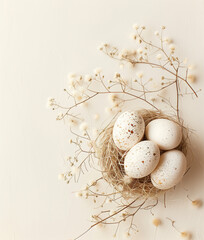 Beautiful white flowers with colorful quail eggs in a nest on a light gray stone background. Spring and Easter holiday concept with copy space.