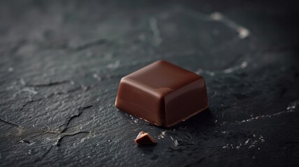 A single piece of dark chocolate on a dark stone surface with a small piece broken off