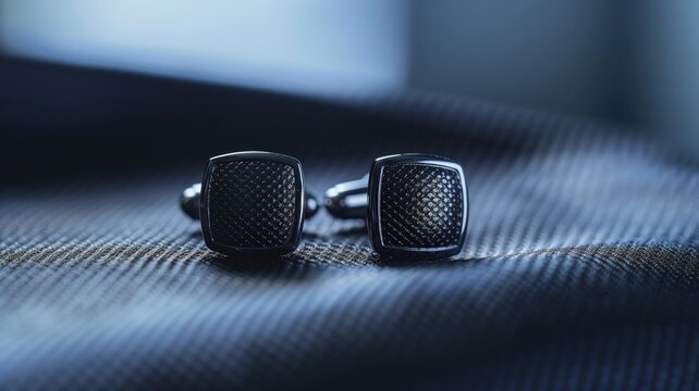 Elegant black cufflinks on a patterned fabric background