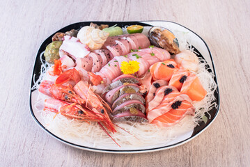 Delicious Japanese fresh raw seafoods-Sashimi                                       (tuna,salmon, shrimp)