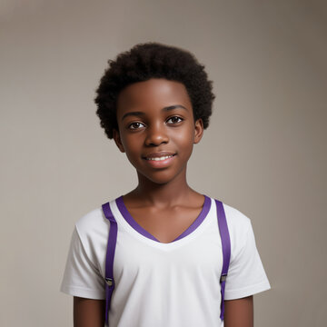 Smiling beautiful African boy with healthy white teeth. Boy smile and curly hair. Laughing cute Afro boy portrait in a studio