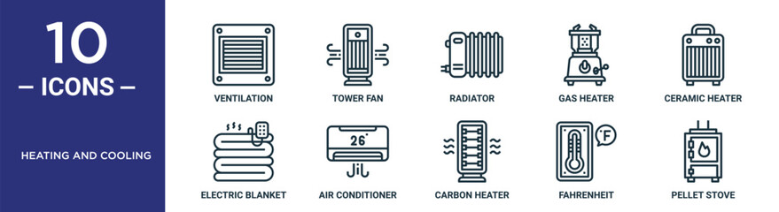heating and cooling outline icon set includes thin line ventilation, radiator, ceramic heater, air conditioner, fahrenheit, pellet stove, electric blanket icons for report, presentation, diagram, - obrazy, fototapety, plakaty