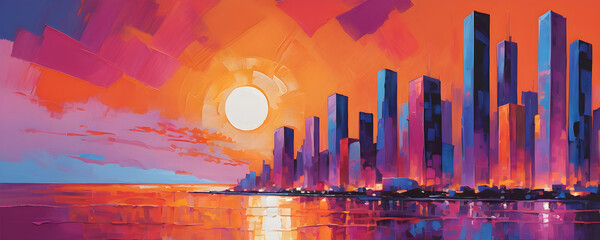 coastal city at sunset in bold warm tones painting - obrazy, fototapety, plakaty