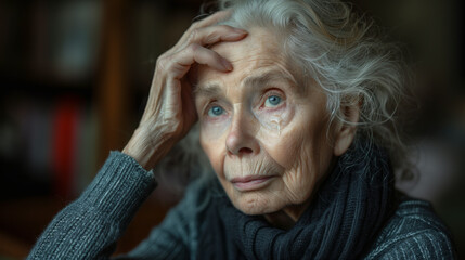 An old person is depressed. She is alone herself at home.