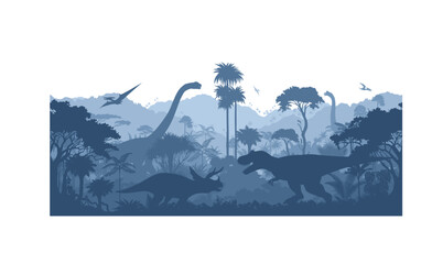 Vector prehistoric seamless jungle background with dinosaurs: Tyrannosaurus, triceratops, brontosaurus and pterodactyl
