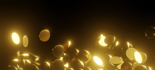 Gold coins falling on black background 3D render - 744882193