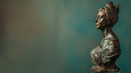 Classical bust sculpture on a teal background with copy space