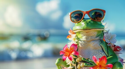 frog wearing hawaiian floral lei and sunglasses on the beach