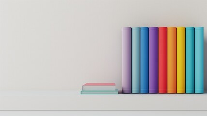 Colorful books aligned on a shelf with a single small book