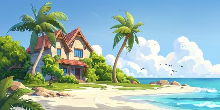 Spring break and summer vacation concept - modern animation style panoramic banner with scenic tropical view from the beach house bungalow