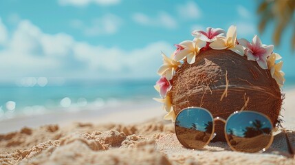 Coconut wearing hawaiian floral lei and sunglasses on the beach