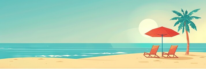 Spring break concept - modern illustration for a vacation with fun in the sun. Umbrella and chair