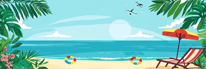 Fototapeta na wymiar Spring break concept - modern illustration for a vacation with fun in the sun. Umbrella and chair