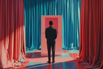Man Standing in Front of Red Door. Generative AI