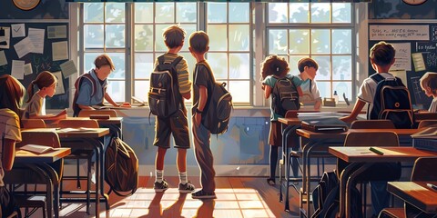 Students in the classroom on the last day of school - obrazy, fototapety, plakaty