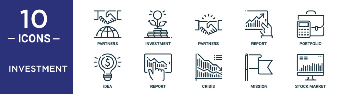 investment outline icon set includes thin line partners, partners, portfolio, report, mission, stock market, idea icons for report, presentation, diagram, web design