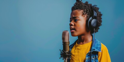 Child Podcaster with microphone and headphones recording an audio episode