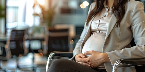 Pregnant female executive wearing business professional clothing while in the late stages of her pregnancy while working and waiting for maternity leave - obrazy, fototapety, plakaty