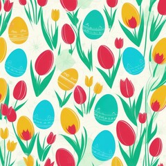 Fototapeta premium Holiday celebration banner with cute Easter decorated eggs and spring flowers on green spring meadow. Flowers in landscape. Happy Easter greeting card, banner, festive background.Copy space.