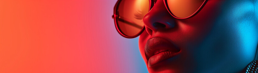 Close-up portrait of a woman wearing sunglasses, featuring a striking red to blue gradient lighting effect. Perfect for simple poster layout.
