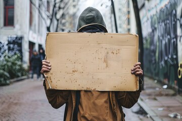 Homeless person holding up cardboard sign - vagabond panhandling on the street corner - obrazy, fototapety, plakaty