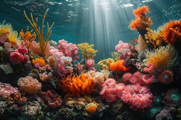 Underwater scene with sunbeams illuminating a vibrant coral reef ecosystem.