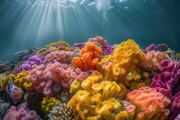 An underwater scene showcasing a vibrant and diverse coral reef teeming with marine life. - obrazy, fototapety, plakaty