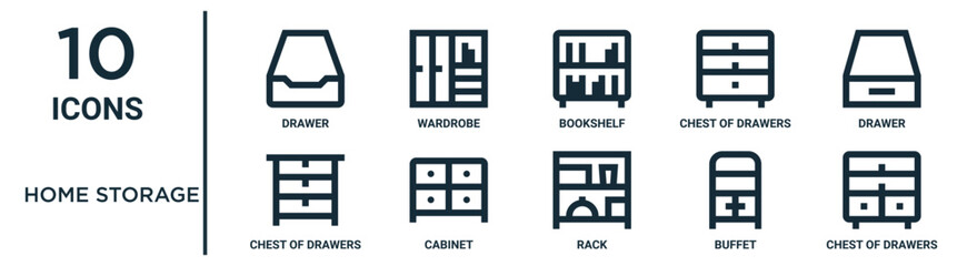 home storage outline icon set includes thin line drawer, bookshelf, drawer, cabinet, buffet, chest of drawers, chest of drawers icons for report, presentation, diagram, web design - obrazy, fototapety, plakaty