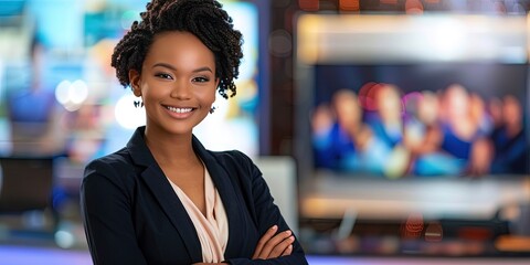 Black female news anchor - TV broadcaster and newsreader for mainstream and local media. - obrazy, fototapety, plakaty